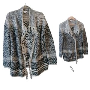 J. Jill Open Cardigan Sweater Wool Blend Fringe Pockets Fits 2,4,6 Boho Aztec xs